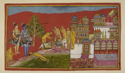 Adicionar 15296 (2) f.24r, Fora do palácio, Bali está morrendo. Tara e seu filho Angada saíram do palácio para lamentá-lo, enquanto Hanuman e os outros macacos os confortam. Bali revive de seu desmaio para dizer a Sugriva que ele deixa seu reino para de Indian School