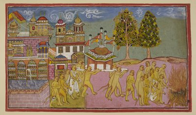 Acrescentar 15296 (2) f.25r, O corpo de Bali, coberto de branco, é carregado num palanquim abobadado e abatido do palácio e consumido numa pira funerária, com Sugriva e Angada a liderar os ritos funerários. de Indian School