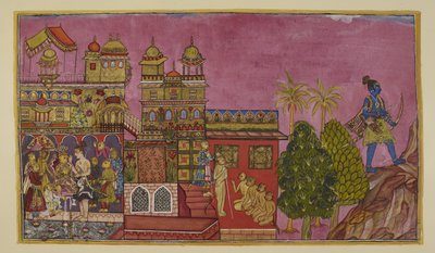 Acrescentar 15296 (2) f.27r, Sugriva é instalado como rei no palácio, e Angada como príncipe herdeiro do reino de Kiskindha, com Laksmana presente, enquanto Rama se retira para o Monte Prasravana para lá passar a estação das chuvas. de Indian School
