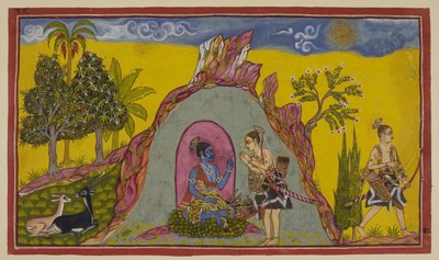 Acrescente 15296 (2) f.30r, No Monte Prasravana, os dois príncipes esperam até ao advento do Outono e da estação das chuvas para ir para a guerra, enquanto se divertem com a beleza da flora e da fauna na montanha e com as maravilhas da estação das chuvas.  de Indian School