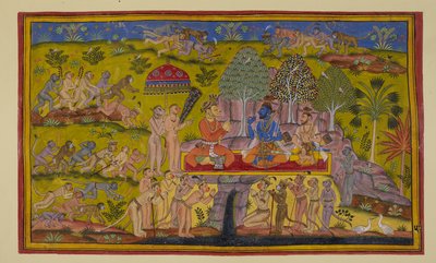 Adicionar 15296 (2) f.57r, Como Sugriva ainda está falando de suas aventuras anteriores aos dois irmãos, os macacos enviados para os bairros leste, norte e oeste retornam e relatam que sua busca foi em vão, não havia sinal de Sita. de Indian School