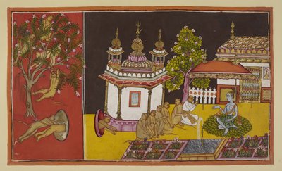 Acrescente 15296 (2) f.61r, Ainda desesperadamente à procura de Sita no deserto montanhoso, os macacos encontram a entrada para uma caverna sedutora. À esquerda, num painel separado, os macacos cavam numa árvore florida no exterior da pequena entrada da ca de Indian School
