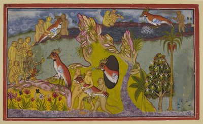 Acrescente 15296 (2) f.68r, Os macacos resolveram morrer à fome nas margens do oceano do sul em vez de voltarem a enfrentar a ira do seu rei. São vistos pelo abutre sem asas Sampati, irmão do rei abutre Jatayu, que de Indian School
