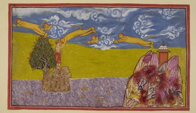 Acrescentando 15296 (2) f.84r, Indiscreto pela largura do oceano, Hanuman incha até um tamanho imenso e, usando a montanha ainda em chamas Mahendra como plataforma de lançamento, atira-se para o espaço e através do oceano para o reino insular de La?k? O Oc de Indian School