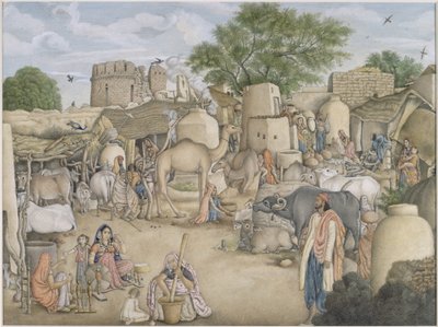 Acrescentar Or.4057 Uma cena de rua na aldeia de Raniya, c.1816-20 (aguarela e guache em papel) de Indian School