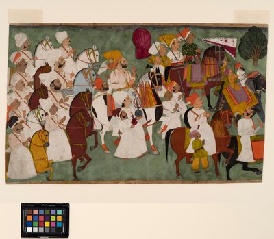 Akhi Singh cavalgando com sua comitiva, c.1750 (aquarela opaca e ouro sobre papel) de Indian School