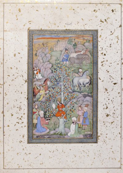 Alexander questiona o filósofo, médico e o cálice, c.1610 (wc opaca e ouro no papel) de Indian School