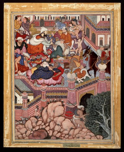 Amr, disfarçado de Mazmahil, o cirurgião, pratica charlatanismo sobre os feiticeiros de Antali, ca. 1570 (aquarela opaca e ouro no algodão) de Indian School