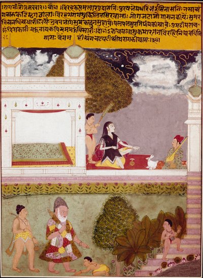 Uma asceta ouve música no terraço de um palácio em miniatura da escola indiana, por volta de 1760. Coleção Particular de Indian School