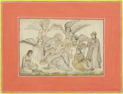 Anjos assistem Maria e Jesus, c.1665 (wc opaca e ouro no papel) de Indian School