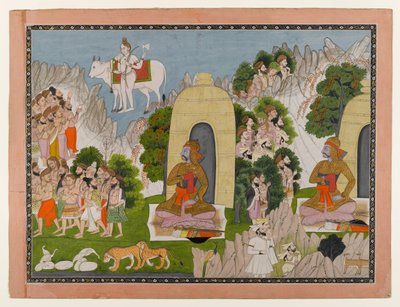 Arjunas Penance, cena de uma série de Mahabharata, c.1825-40 (wc e ouro no papel) de Indian School