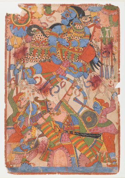 Arjunas façanha heróica em batalha, de uma série Mahabharata, c.1830-50 (tinta e cor no papel) de Indian School