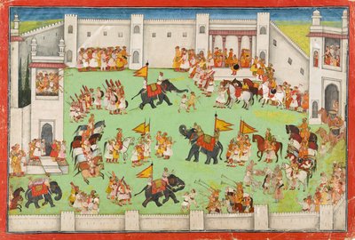 Chegada do noivo ao palácio, fólio de um Ramayana, c.1640-1650 de Indian School