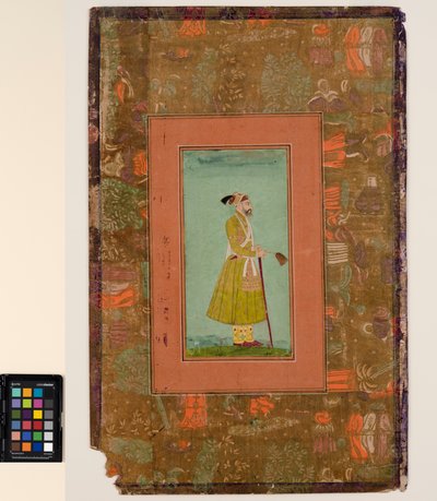 Aurangzeb segurando um flywhisk, c.1680 (aquarela opaca e ouro no papel, montado na página de um álbum) de Indian School