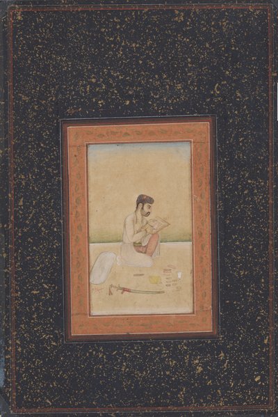 Behzad o pintor usando óculos (tinta, cor e ouro sobre papel) de Indian School
