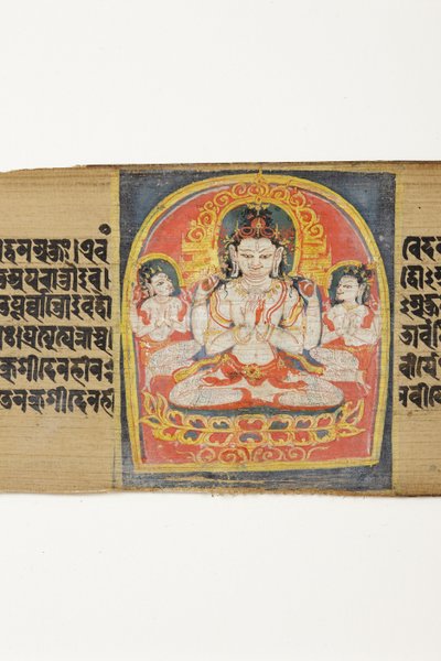 Bodhisattva Sadaksari Avalokitesvara e atendentes, c.1150-1200 (wc & tinta opaca na folha de palmeira) de Indian School