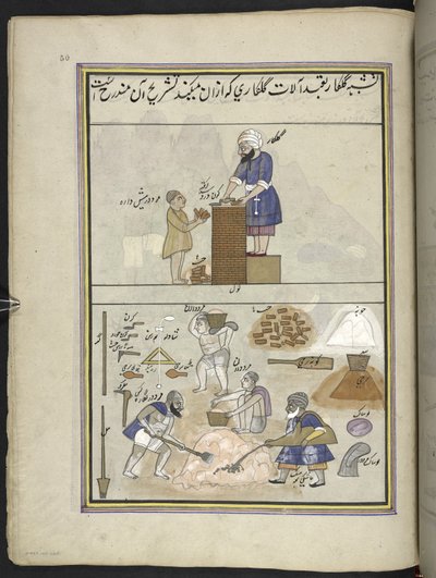 Pedreiros,  86 desenhos encadernados em um volume representando ofícios e ocupações na Caxemira, artesãos são mostrados trabalhando com seus implementos e equipamentos,  Por um artista da Caxemira, provavelmente em Srinagar, c.1850-60 (guache sobre papel) de Indian School