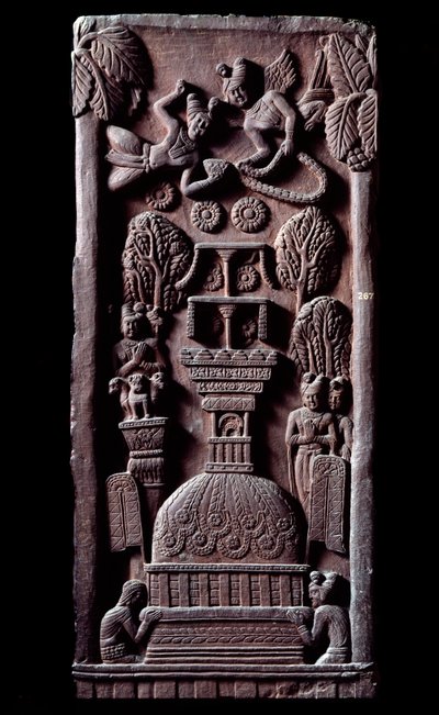 Budismo: "Mahaparinirva a ou parinirvana, fim da existência terrena de Buda, chegando ao nirvana" (Parinirvana, nirvana final, que ocorre após a morte do corpo de Buda) detalhe du stupa de Bharhut (Barhut, Barouth) baixo relevo de negro de Indian School