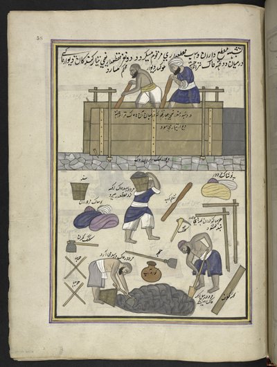 Construtor de paredes de barro,  86 desenhos encadernados em um volume representando ofícios e ocupações na Caxemira, artesãos são mostrados trabalhando com seus implementos e equipamentos,  Por um artista da Caxemira, provavelmente em Srinagar, c.1850-60  de Indian School