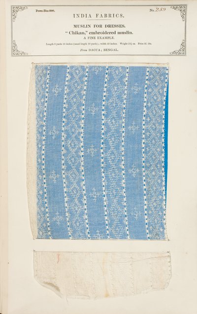 Amostra de musselina bordada Chikan de Dacca em Bengala, da Coleção dos Fabricantes Têxteis da Índia, de John Forbes Watson, publicada em 1866 de Indian School