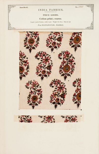 Amostra de impressão de algodão grosso de Masulipatam em Madras, de A Coleção dos Fabricantes Têxteis da Índia, por John Forbes Watson, publicado em 1866 de Indian School