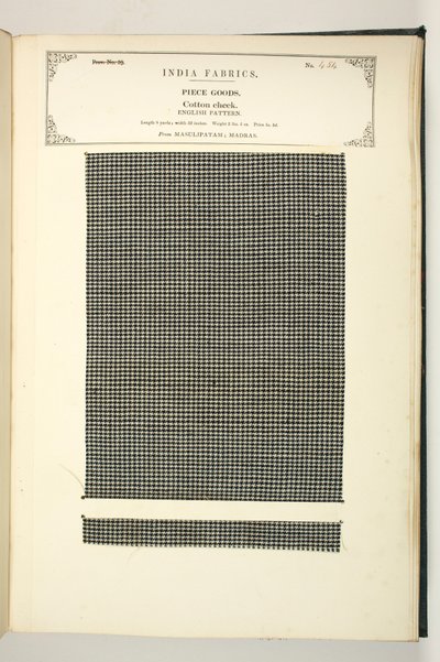 Cotton Check, Masulipatam, Madras, Piece Goods, da coleção de Fabricantes Têxteis da Índia, de John Forbes Watson, publicado em 1866 de Indian School