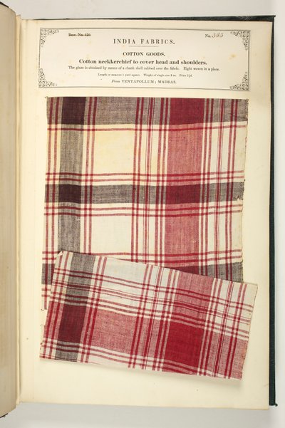 Lenço de algodão para cobrir cabeça e ombros de Ventapollum em Madras, de "The Collection of the Textile Manufacturers of India", de John Forbes Watson, publicado em 1866 (mídia mista) de Indian School
