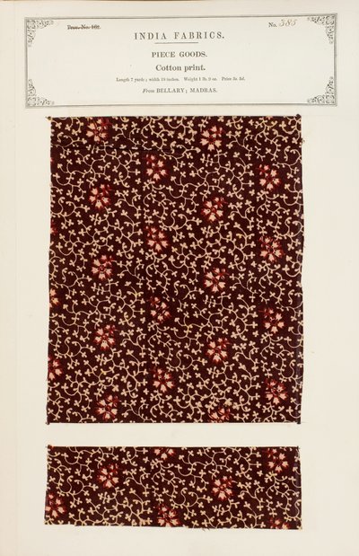 Amostra de estampa de algodão de Bellary em Madras, da Coleção de Fabricantes Têxteis da Índia, de John Forbes Watson, publicada em 1866 de Indian School