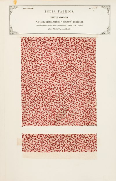 Amostra de algodão com uma impressão chetee (chintz) de Arcot em Madras, da Coleção dos Fabricantes Têxteis da Índia, por John Forbes Watson, publicada em 1866 de Indian School