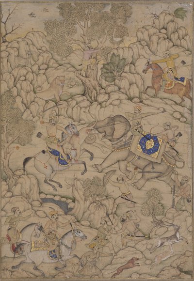 Perigo em uma Caça ao Leão, c.1600 (wc opaco no papel) de Indian School