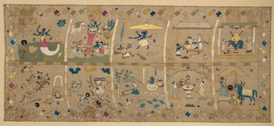 Das Avatars (Dez Avatares de Vishnu) (fios de seda e metálicos bordados em gaze de algodão) de Indian School