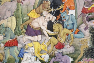 Detalhe de demônios em uma paisagem selvagem, c.1600 (wc opaca e ouro no papel) de Indian School