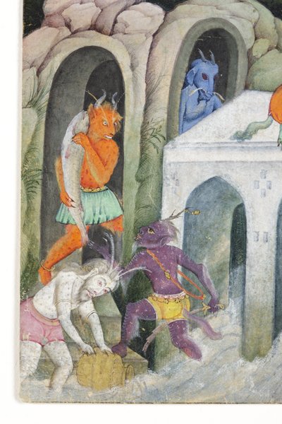 Detalhe de demônios em uma paisagem selvagem, c.1600 (wc opaca e ouro no papel) de Indian School