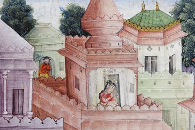 Detalhe de Krishna Fere o Demônio Narakasura com seu Discus, c.1585-90 (wc opaco e ouro no papel) de Indian School