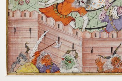 Detalhe de Krishna Fere o Demônio Narakasura com seu Discus, c.1585-90 (wc opaco e ouro no papel) de Indian School
