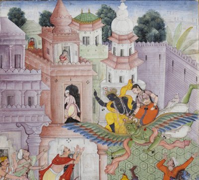 Detalhe de Krishna Fere o Demônio Narakasura com seu Discus, c.1585-90 (wc opaco e ouro no papel) de Indian School