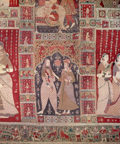 Detalhe de uma parede decorada com figuras europeias (algodão pintado) de Indian School