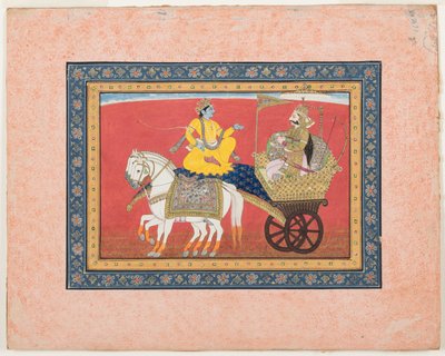 Diálogo entre Krishna e Arjuna no campo de batalha de Kurukshetra, c.1820 (aquarela opaca e ouro sobre papel) de Indian School