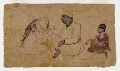 Desenho de Três Figuras Sentadas, c.1750 (tinta e cor sobre papel) de Indian School