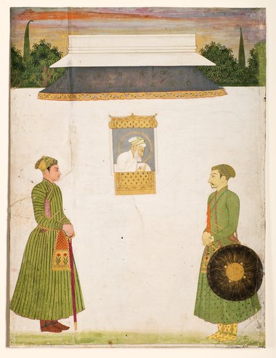 Imperador Aurangzeb em uma janela de jharokha, dois nobres em primeiro plano, c.1710 (wc ouro opaco no papel) de Indian School