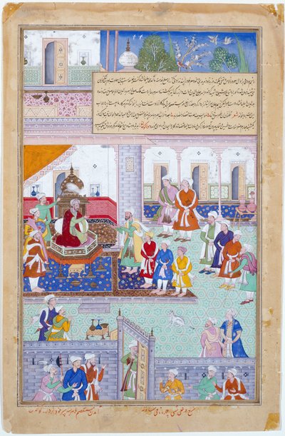 O imperador Babur na corte, período Mughal, reinado de Akbar de Indian School