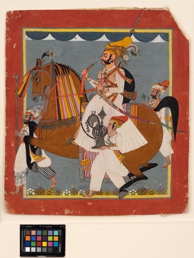 Raja Bhim Singh equestre com narguilé e servos, c.1820 (opaco w - c, ouro e prata no papel) de Indian School