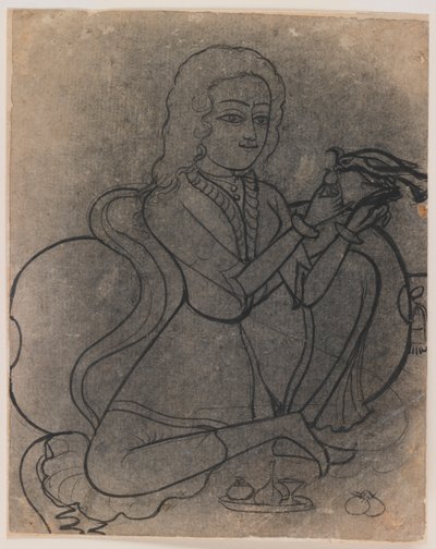 Menina européia alimentando um papagaio, c.1780 (tinta no papel, aproveitado para transer) de Indian School