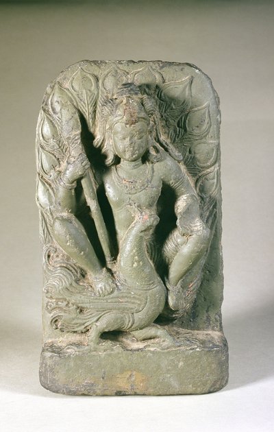 Figura de Skanda com seu pavão, Punjab Hills (arenito) de Indian School