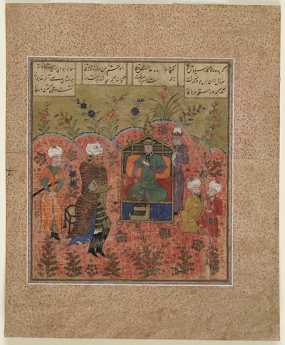 Fólio de um Shahnama (Livro dos Reis) de Firdawsi (d.1020); Rustam antes de Kay Kaus (aquarela opaca, tinta e ouro no papel) de Indian School