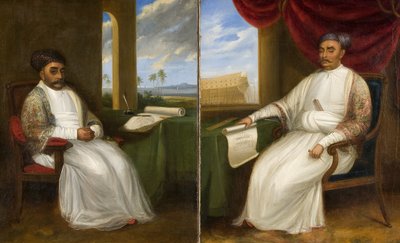 Retrato de corpo inteiro do mestre-construtor de Parsi Jamsetjee Bomanjee e seu filho, Nourojee Jamsetsee, 1830 de Indian School