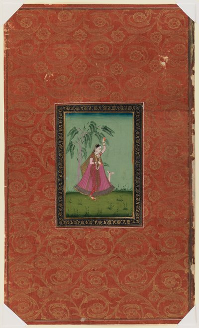 Menina com um veado, 1875-1900 (wc opaco e ouro sobre papel) de Indian School