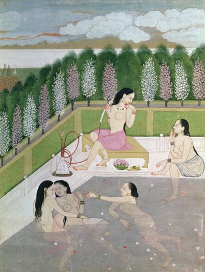 Meninas, banhar-se, pahari, estilo, kangra, escola, himachel, pradesh, 18º século de Indian School