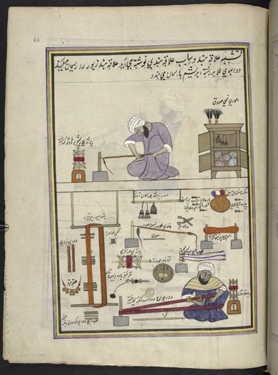 Rendas de ouro e tranças, 86 desenhos encadernados num volume representando ofícios e profissões em Caxemira, Artesãos são mostrados no trabalho com os seus utensílios e equipamento, Por um artista de Caxemira, provavelmente em Srinagar, c.1850-60 (gouache de Indian School