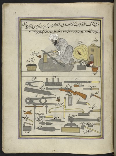 Pistoleiro, 86 desenhos encadernados num volume representando ofícios e profissões em Caxemira, Os artesãos são mostrados no trabalho com as suas alfaias e equipamento, Por um artista de Caxemira, provavelmente em Srinagar, c.1850-60 (gouache em papel) de Indian School